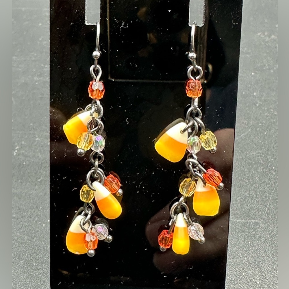 HALLOWEEN Party Dangle Candy Corn & Spooky Sparkle Earrings Unique Find EUC